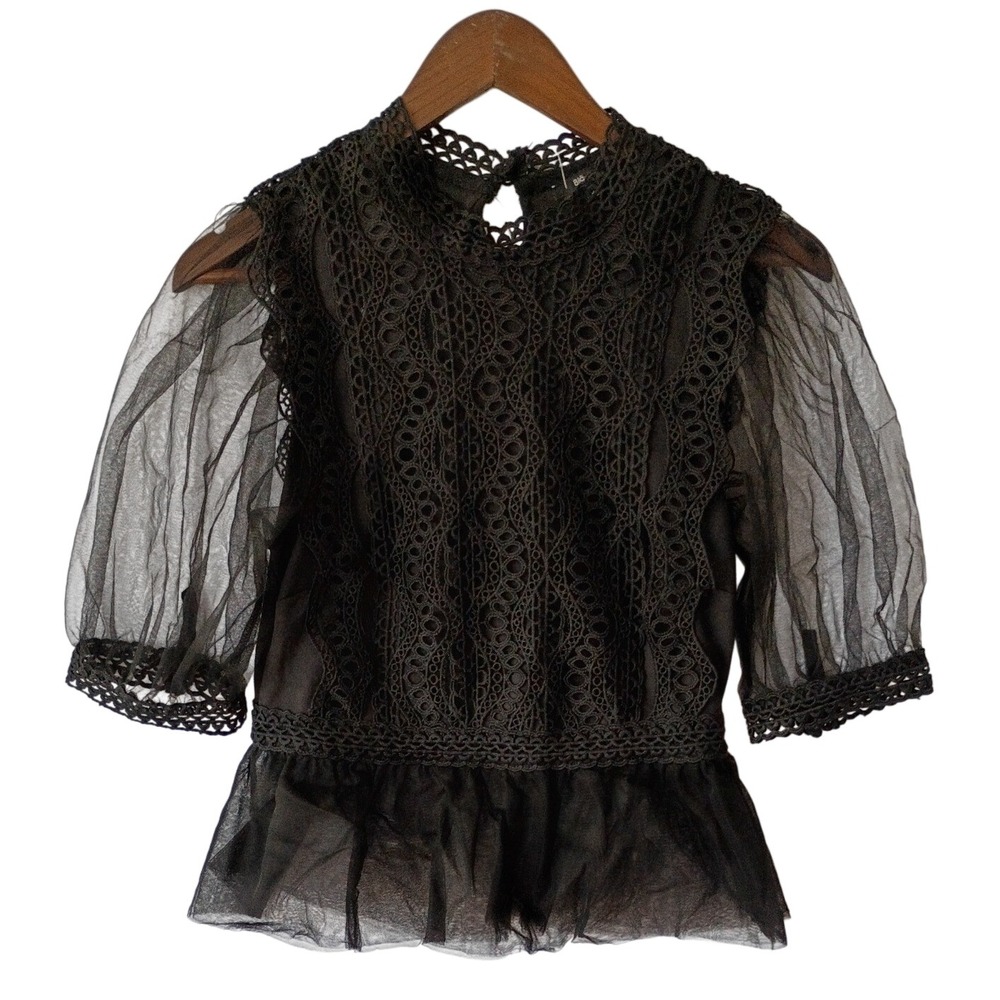 Black Lace Mesh Puff Sleeve Peplum Top Crochet High Neck Size M Whimsigoth Chic